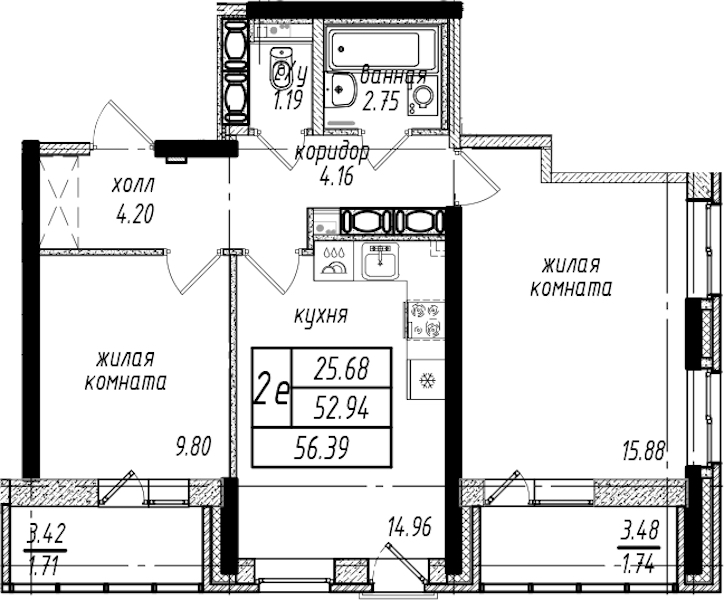 2-комнатная квартира 56.39 м², 24/25 эт., ЖК «Северная Долина»